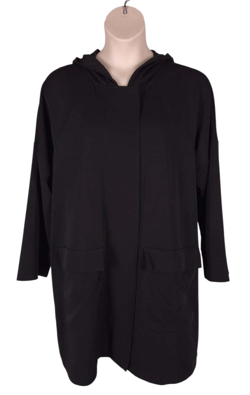Eileen Fisher Hooded Stretch Trench Jacket US XL Womens Black Zip Pockets $298